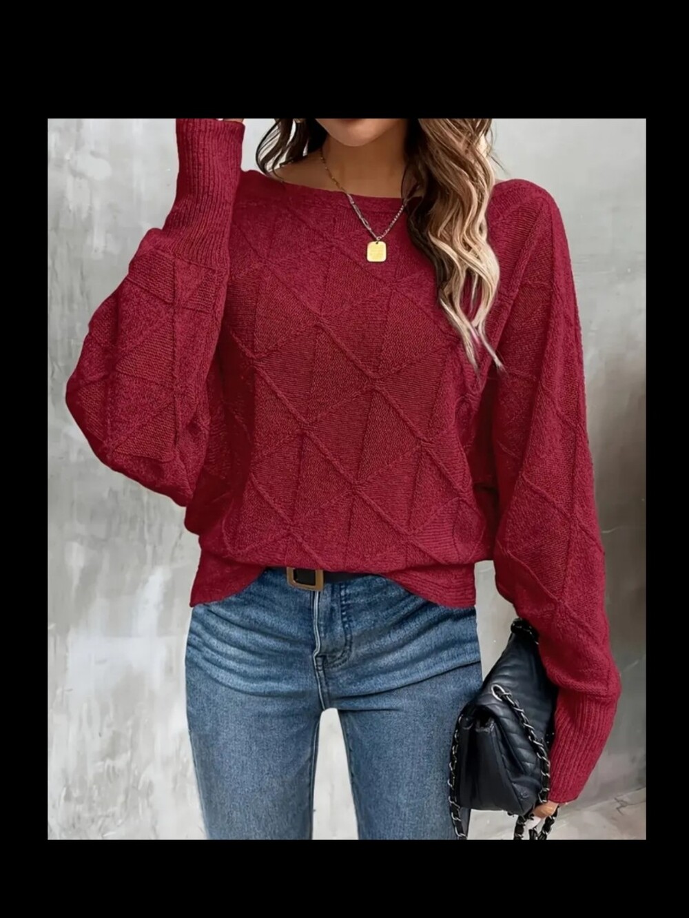 Plush Diamond-Knit Red Women's Sweater